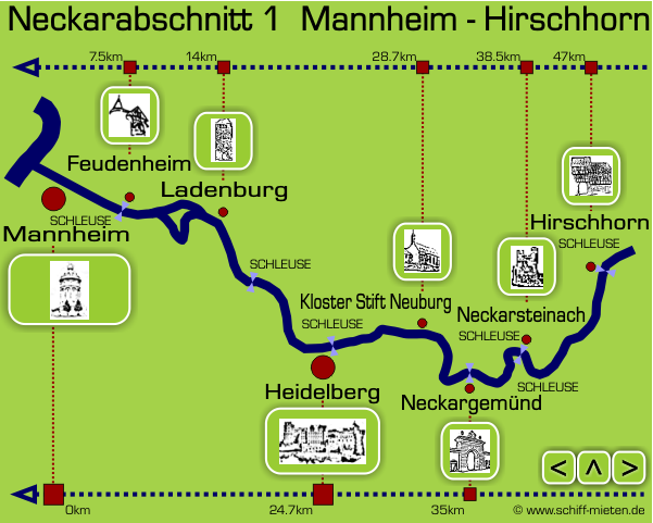 Landkarte Neckar Mannheim Heidelberg Neckargemnd Neckarsteinach Hirschhorn Ladenburg Feudenheim